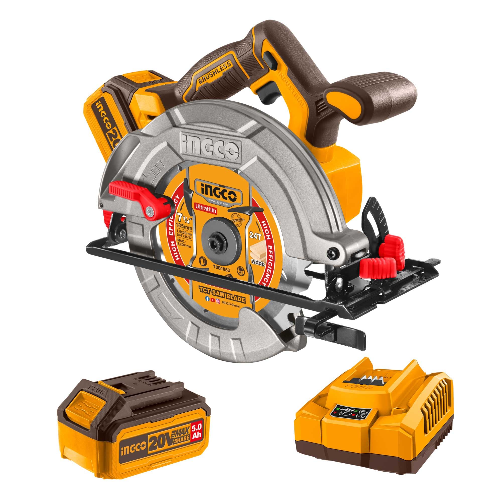 INGCO 20V Cordless Circular Saw 185mm, Brushless Electric Saw 4800